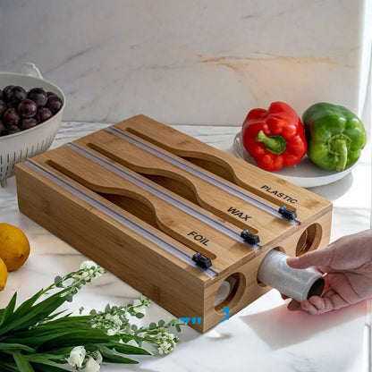 Bamboo Cling Film Cutting Box Foil And Plastic Wrap Organizer With Cutter Dispenser Kitchen Organization And Storage