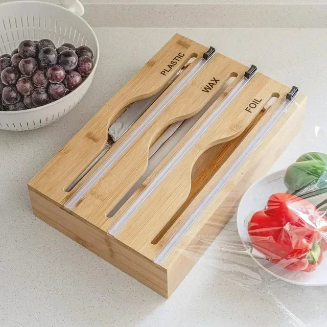 Bamboo Cling Film Cutting Box Foil And Plastic Wrap Organizer With Cutter Dispenser Kitchen Organization And Storage